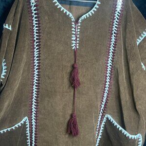 Vintage Corduroy Kaftan Tunic with Tassels – Unisex Boho Ethnic Wear – Brown wit